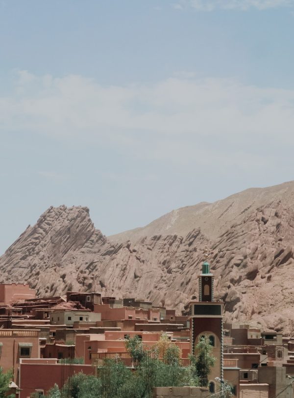 Desert village with mosque and rocky mountains